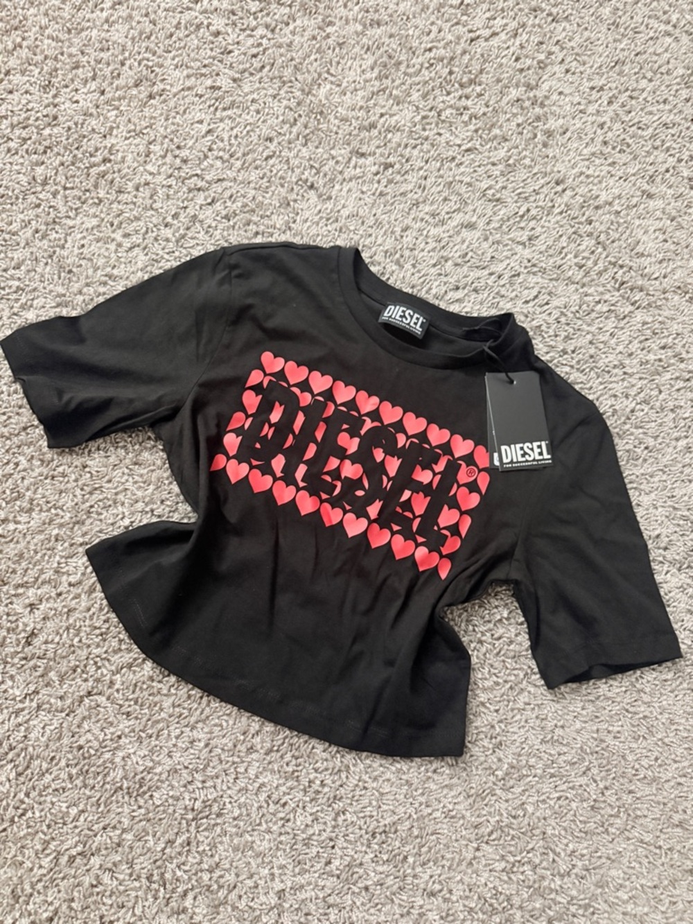 Diesel Black Short-Sleeve Tee with Red Heart Logo Grid

Size 14 Years 
Fit Small